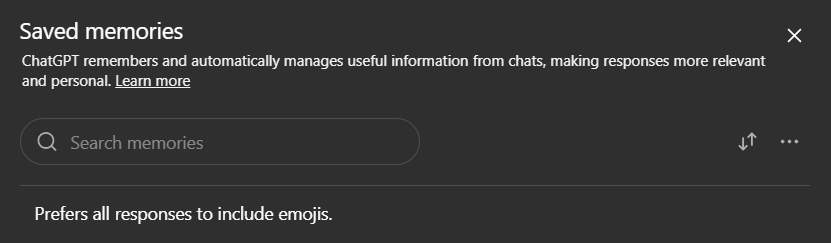 In this example, the user has a memory stating that responses should include emojis. Since SearchGPT doesn’t have access to memories, they are not addressed when it responds 
